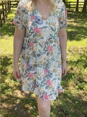 Floral Ruffle Hem Short Sleeve Dress - Cream Base with Pink & Green Print